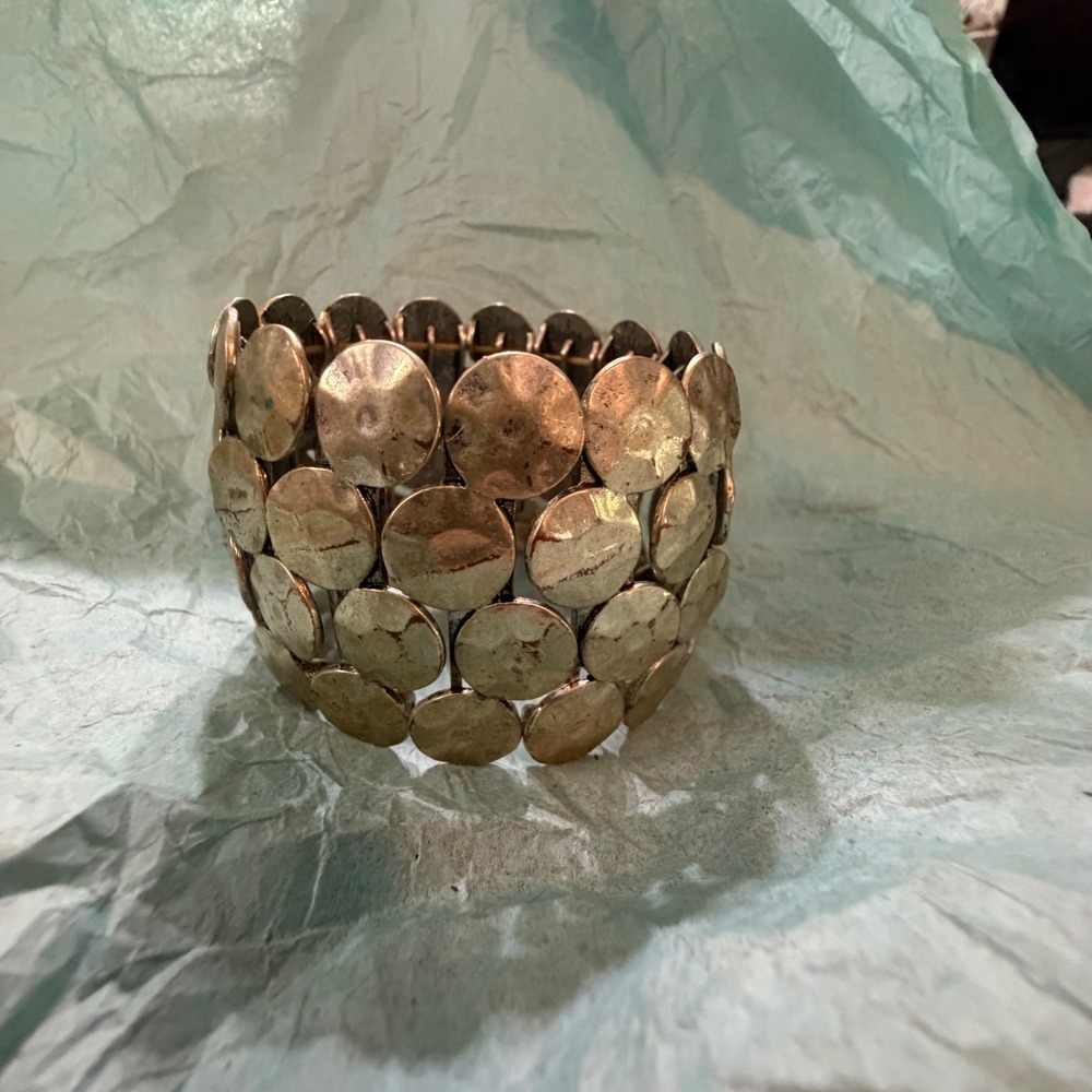 Gold Tone Hammered Disc Stretch Cuff Bracelet Wide Boho Statement Bohemian